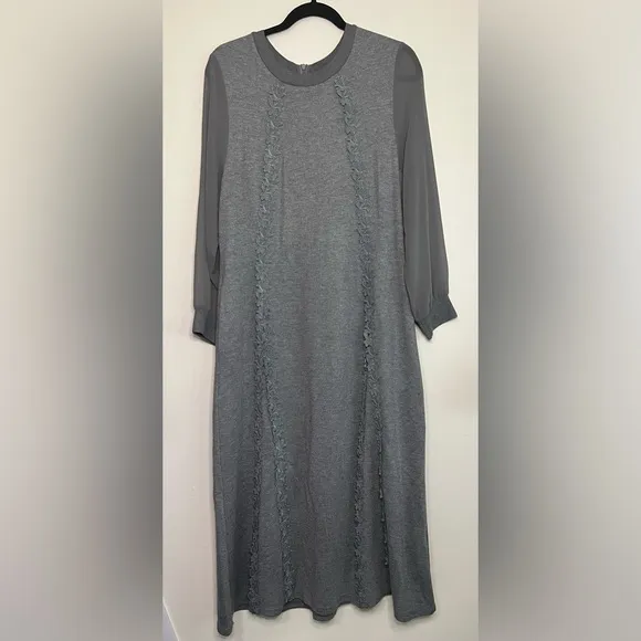 Apaim Ports Gray Long Sleeve Midi Dress Size 10 Wool Blend Floral Trim Modest