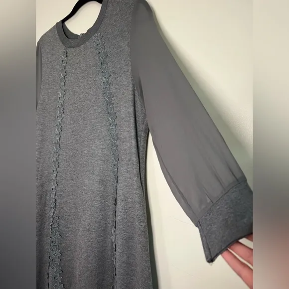 Apaim Ports Gray Long Sleeve Midi Dress Size 10 Wool Blend Floral Trim Modest
