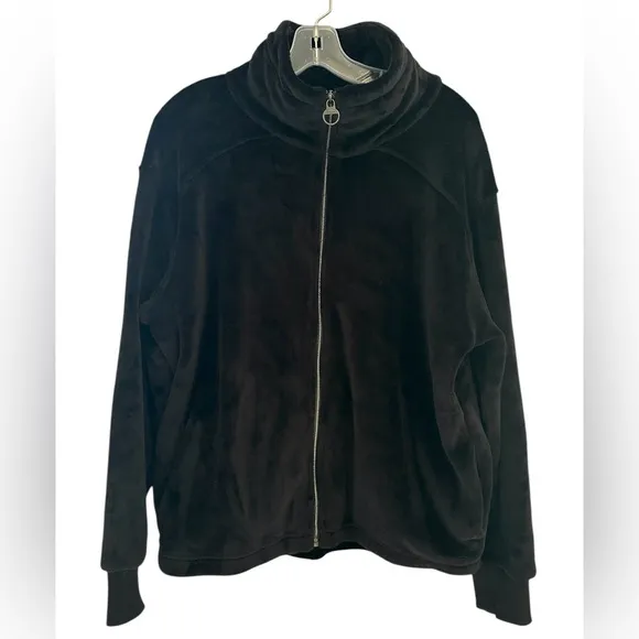 Athleta Double Cozy Karma Recover Plush Velour Black Zip Up Jacket Size L