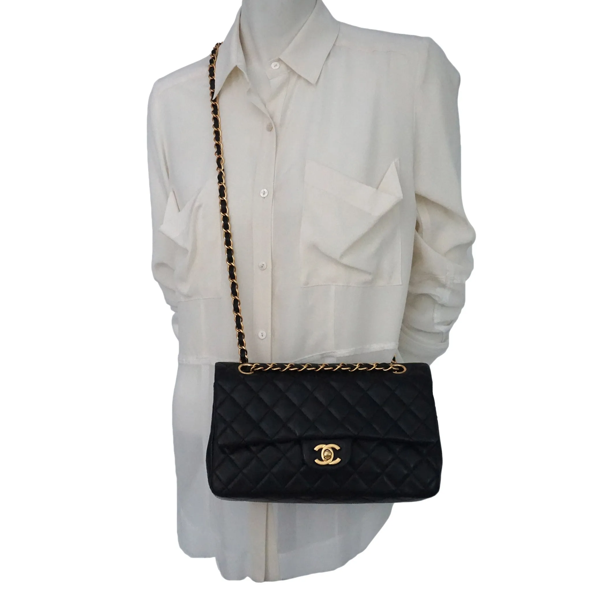 Authentic Chanel Black Lambskin 2.55 10” Double Flapover