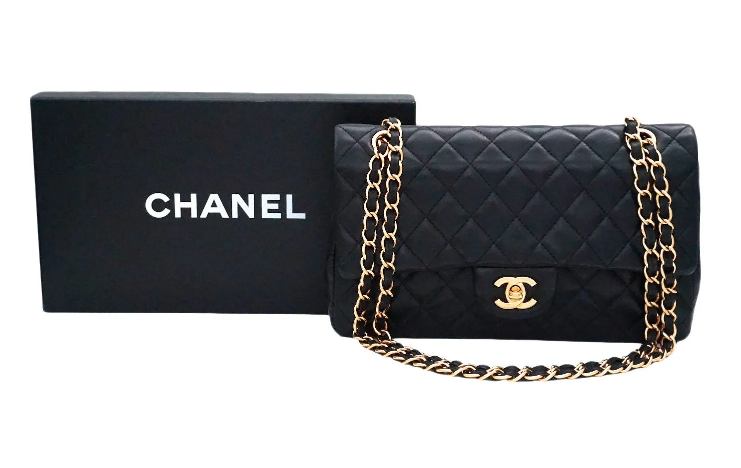 Authentic Chanel Black Lambskin 2.55 10” Double Flapover