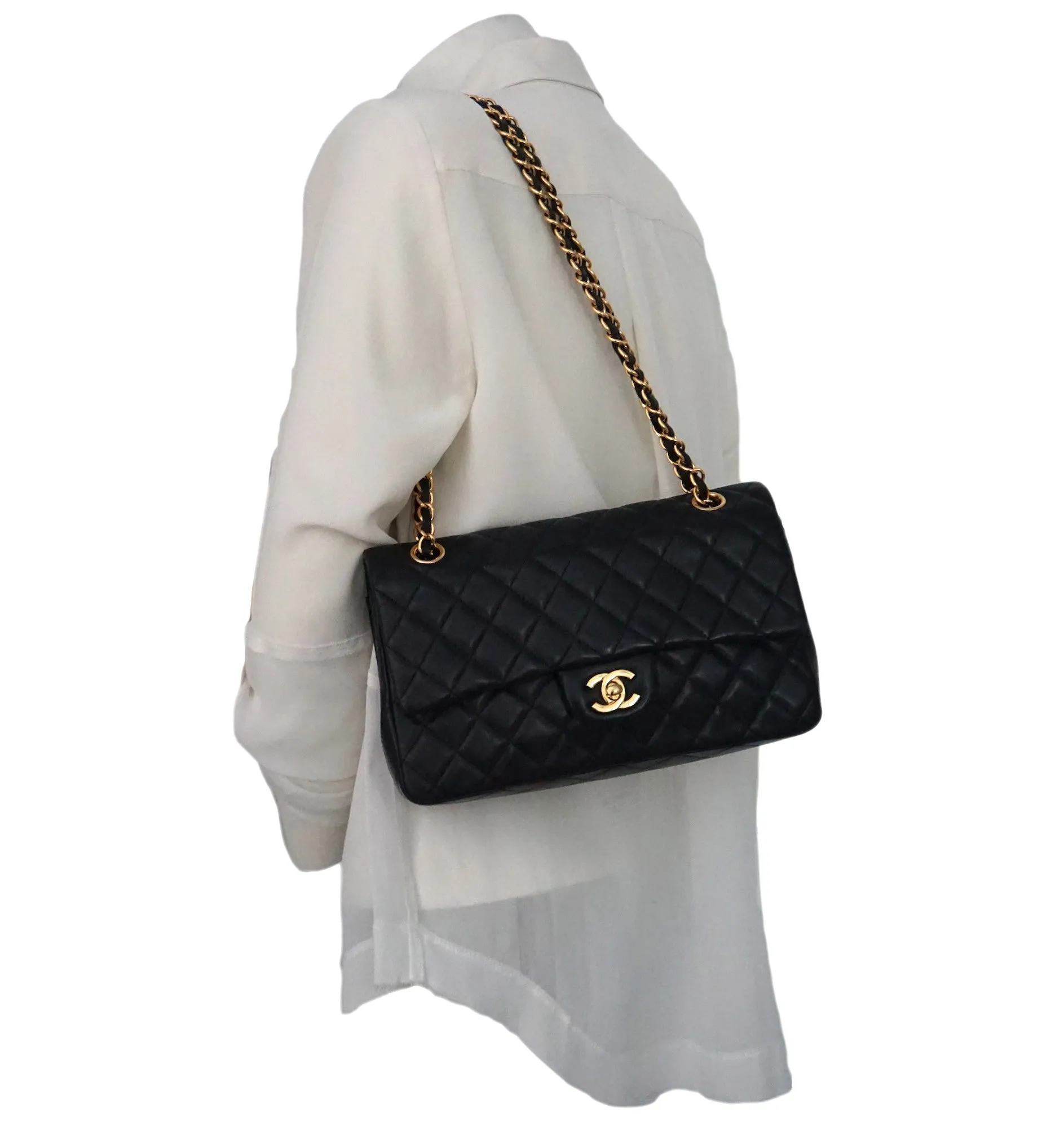 Authentic Chanel Black Lambskin 2.55 10” Double Flapover