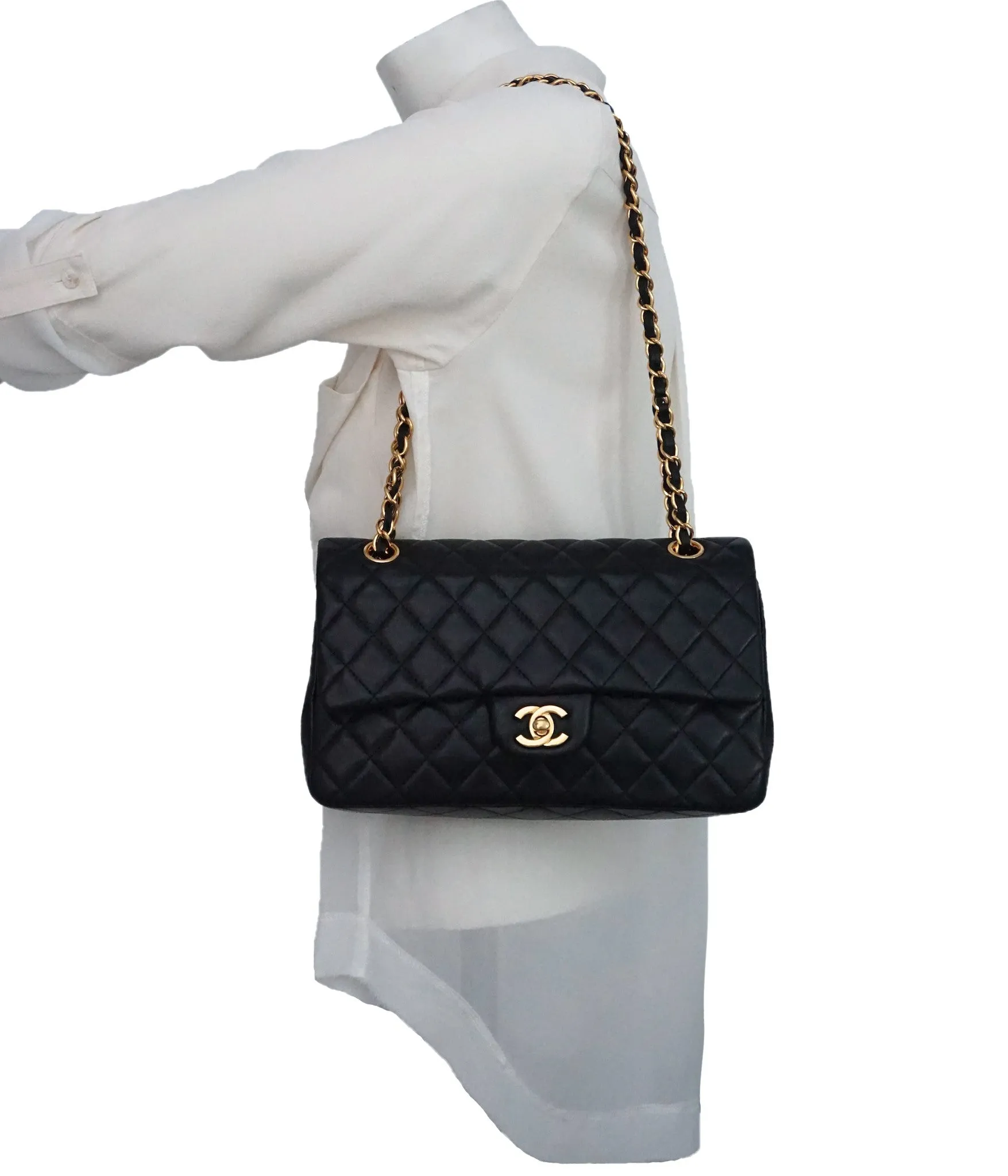 Authentic Chanel Black Lambskin 2.55 10” Double Flapover