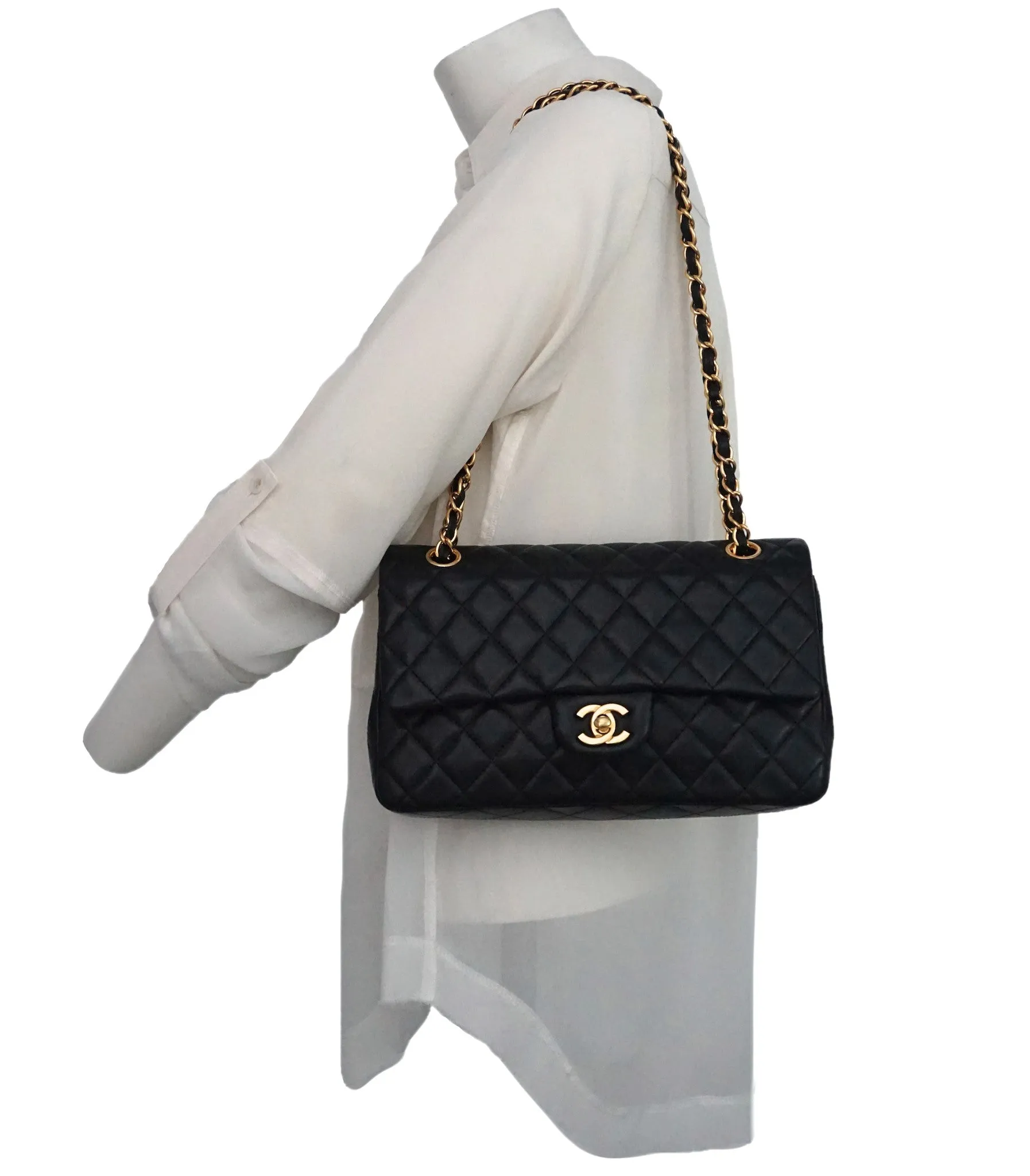 Authentic Chanel Black Lambskin 2.55 10” Double Flapover