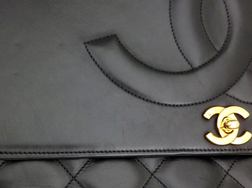 Authentic Chanel Vintage Black Lambskin Rare Maxi Jumbo