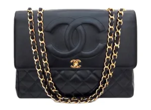 Authentic Chanel Vintage Black Lambskin Rare Maxi Jumbo