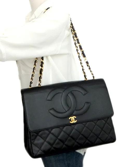 Authentic Chanel Vintage Black Lambskin Rare Maxi Jumbo