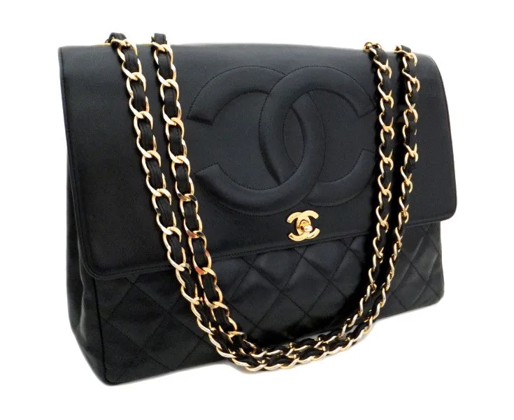Authentic Chanel Vintage Black Lambskin Rare Maxi Jumbo