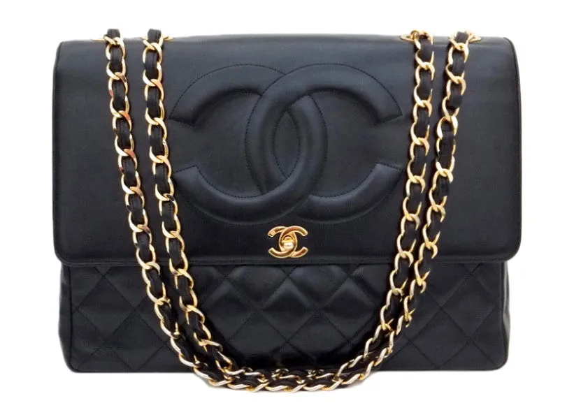 Authentic Chanel Vintage Black Lambskin Rare Maxi Jumbo