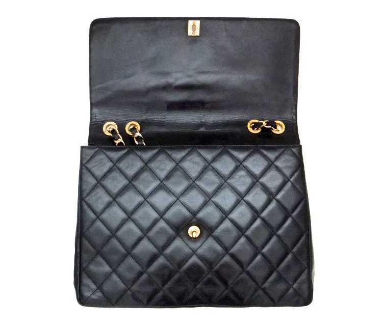 Authentic Chanel Vintage Black Lambskin Rare Maxi Jumbo