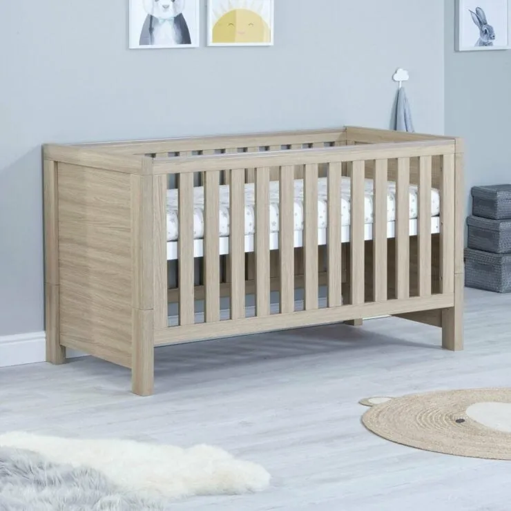 Babymore Luno 3 Piece Nursery Furniture Set with Cot Bed, Dresser and Wardrobe - Oak