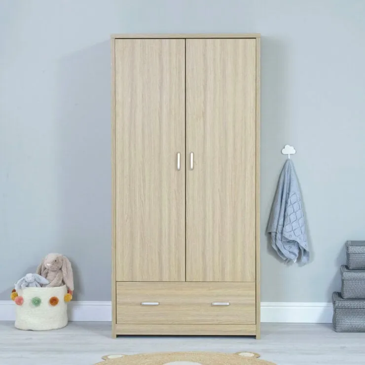 Babymore Luno 3 Piece Nursery Furniture Set with Cot Bed, Dresser and Wardrobe - Oak