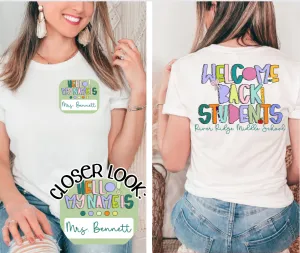 Back to school custom name tag and custom school name on back- tee