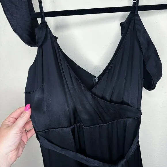 Bardot Leah Black Satin Off The Shoulder Tie Waist Midi Wrap Dress 6