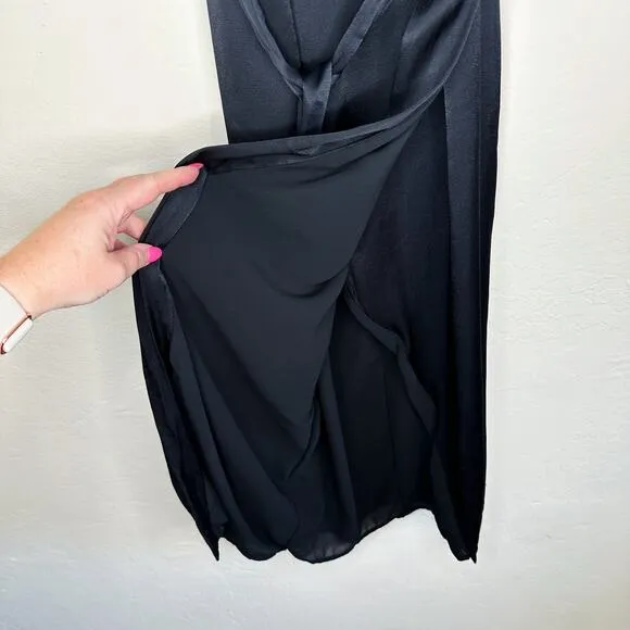Bardot Leah Black Satin Off The Shoulder Tie Waist Midi Wrap Dress 6