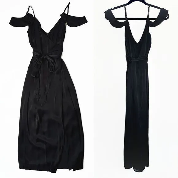 Bardot Leah Black Satin Off The Shoulder Tie Waist Midi Wrap Dress 6