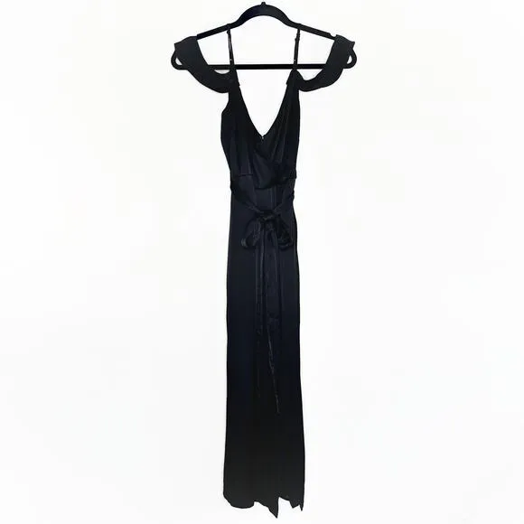 Bardot Leah Black Satin Off The Shoulder Tie Waist Midi Wrap Dress 6