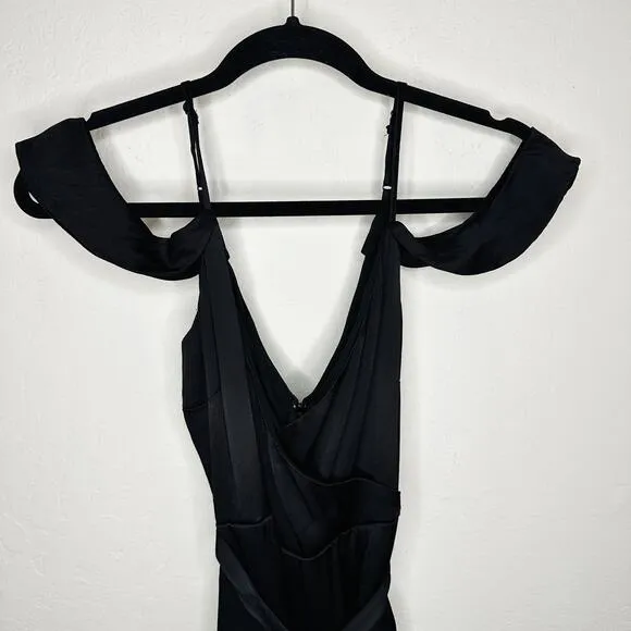 Bardot Leah Black Satin Off The Shoulder Tie Waist Midi Wrap Dress 6