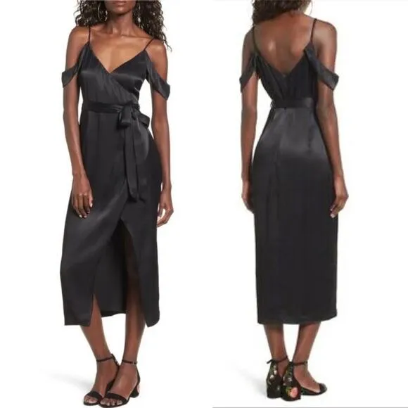 Bardot Leah Black Satin Off The Shoulder Tie Waist Midi Wrap Dress 6