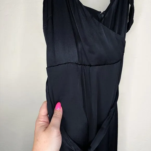 Bardot Leah Black Satin Off The Shoulder Tie Waist Midi Wrap Dress 6