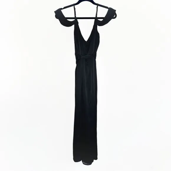Bardot Leah Black Satin Off The Shoulder Tie Waist Midi Wrap Dress 6