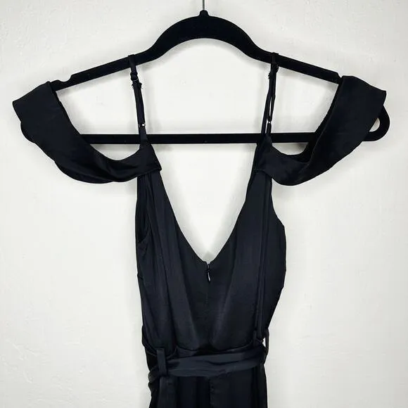 Bardot Leah Black Satin Off The Shoulder Tie Waist Midi Wrap Dress 6
