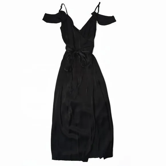 Bardot Leah Black Satin Off The Shoulder Tie Waist Midi Wrap Dress 6
