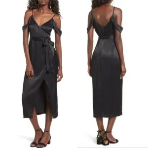 Bardot Leah Black Satin Off The Shoulder Tie Waist Midi Wrap Dress 6