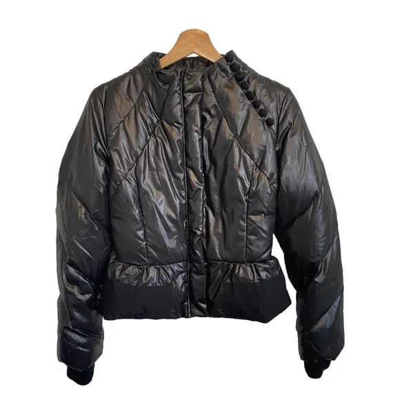 BCBGMaxAzria Shiny Black Puffer Peplum Cropped Jacket Size XS