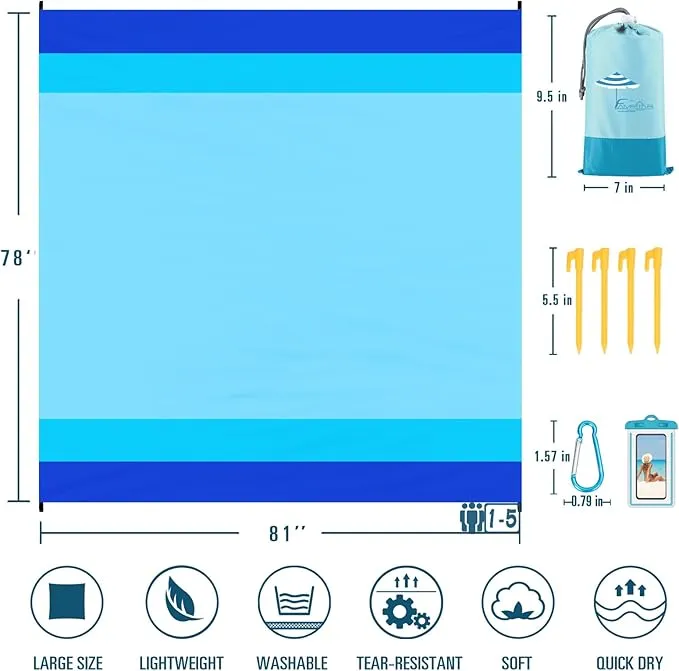 Beach Blanket Sandproof Waterproof 78''×81''1-5 Adults Oversized,Compact Lightweight Durable Beach Mat for Travel Camping Hiking Picnic Blanket