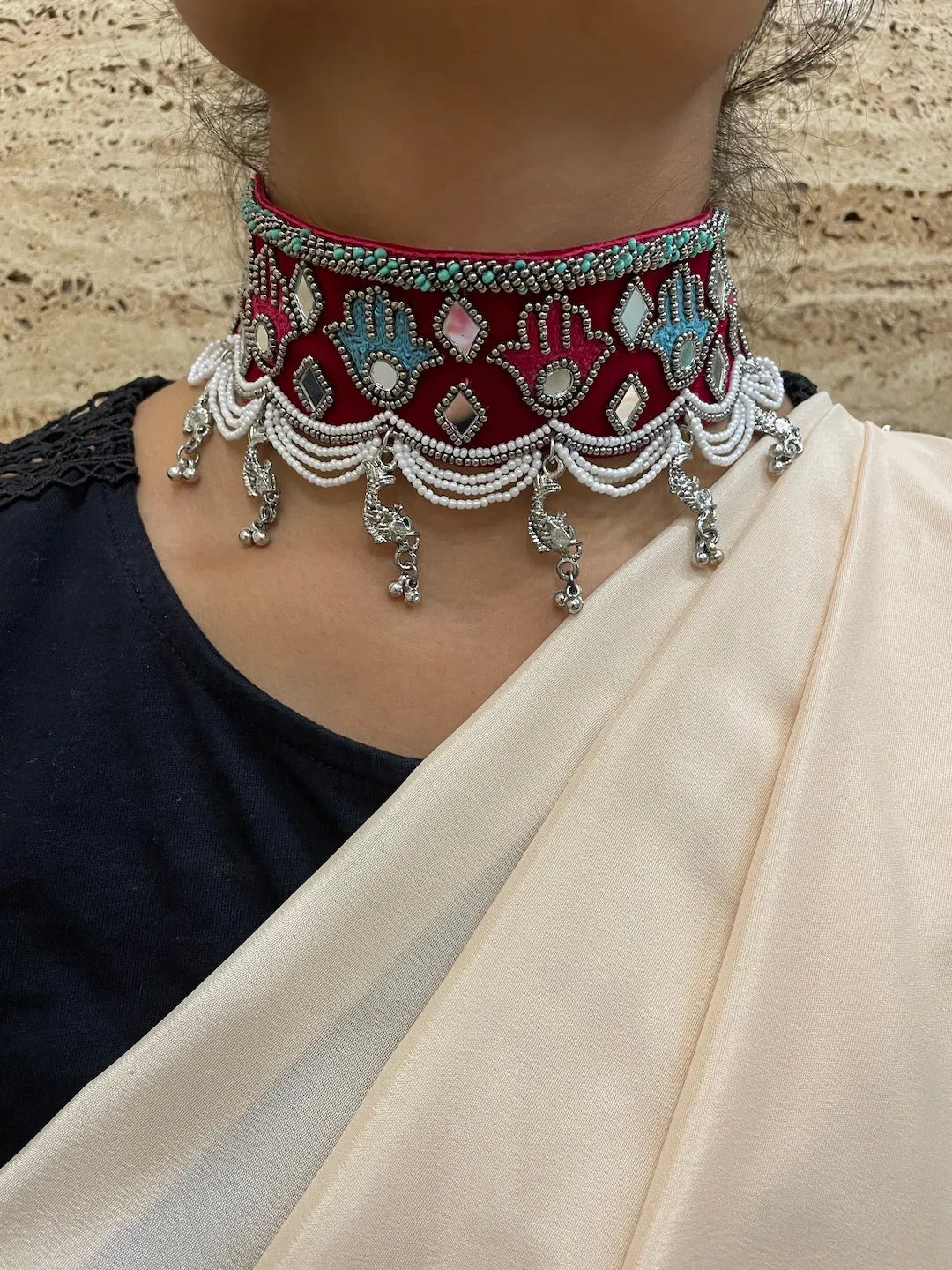 Beaded Choker Necklace Hamsa Design