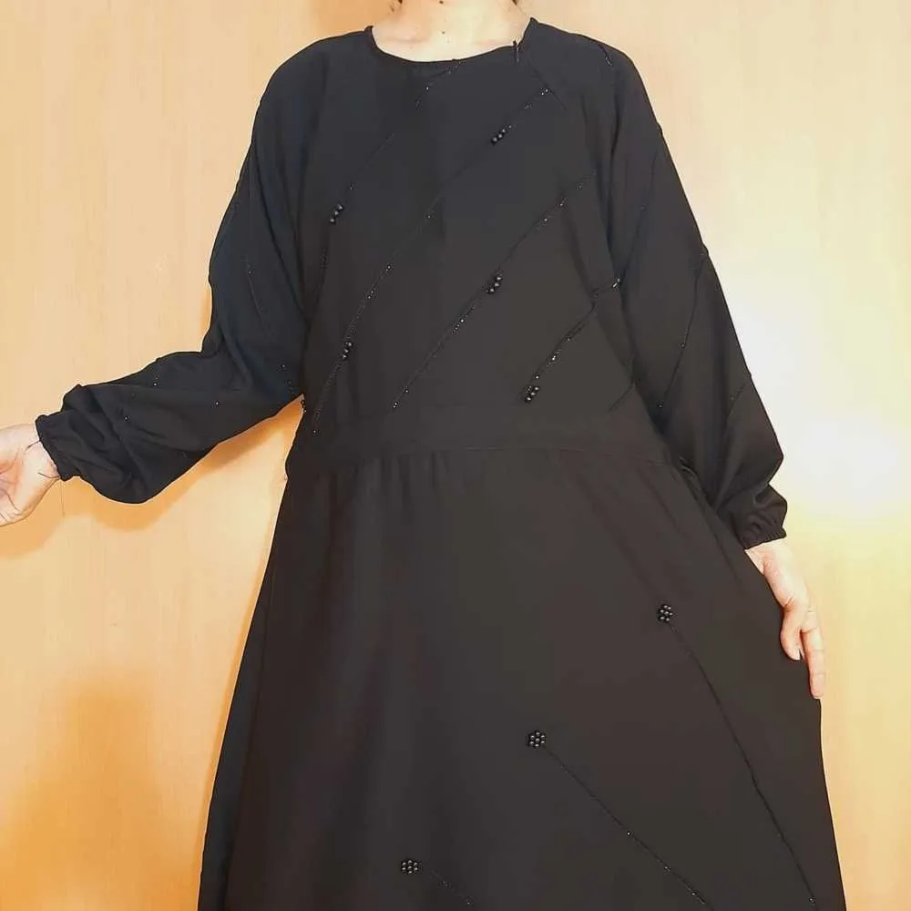 Beaded Nidah Fancy Abaya - Black - ZA152