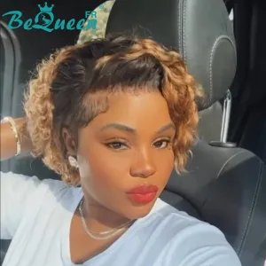 BeQueen Perruque “Belen” Pixie Curly wave avec Lace 13x4 Racine Noir et Miel