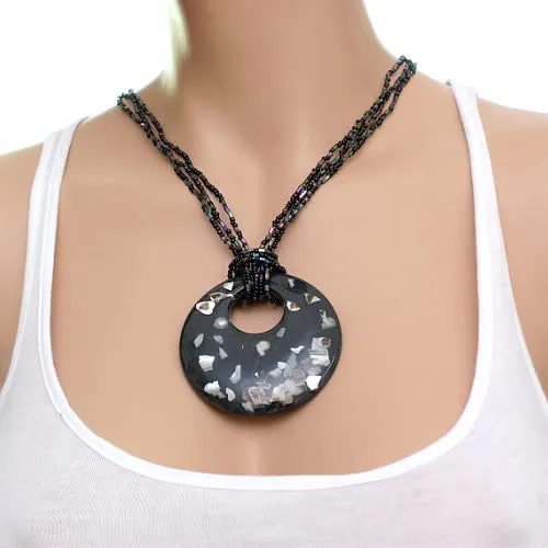 Black Open Circle Faux Marble Beaded Necklace Set