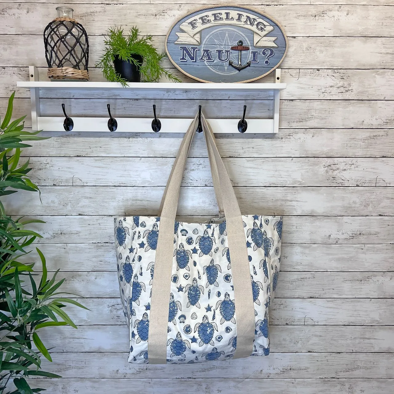 Block Print Canvas Tote Sea Turtles