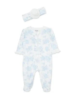 Blue Roses 2-Way-Zip Footed One-Piece And Headband