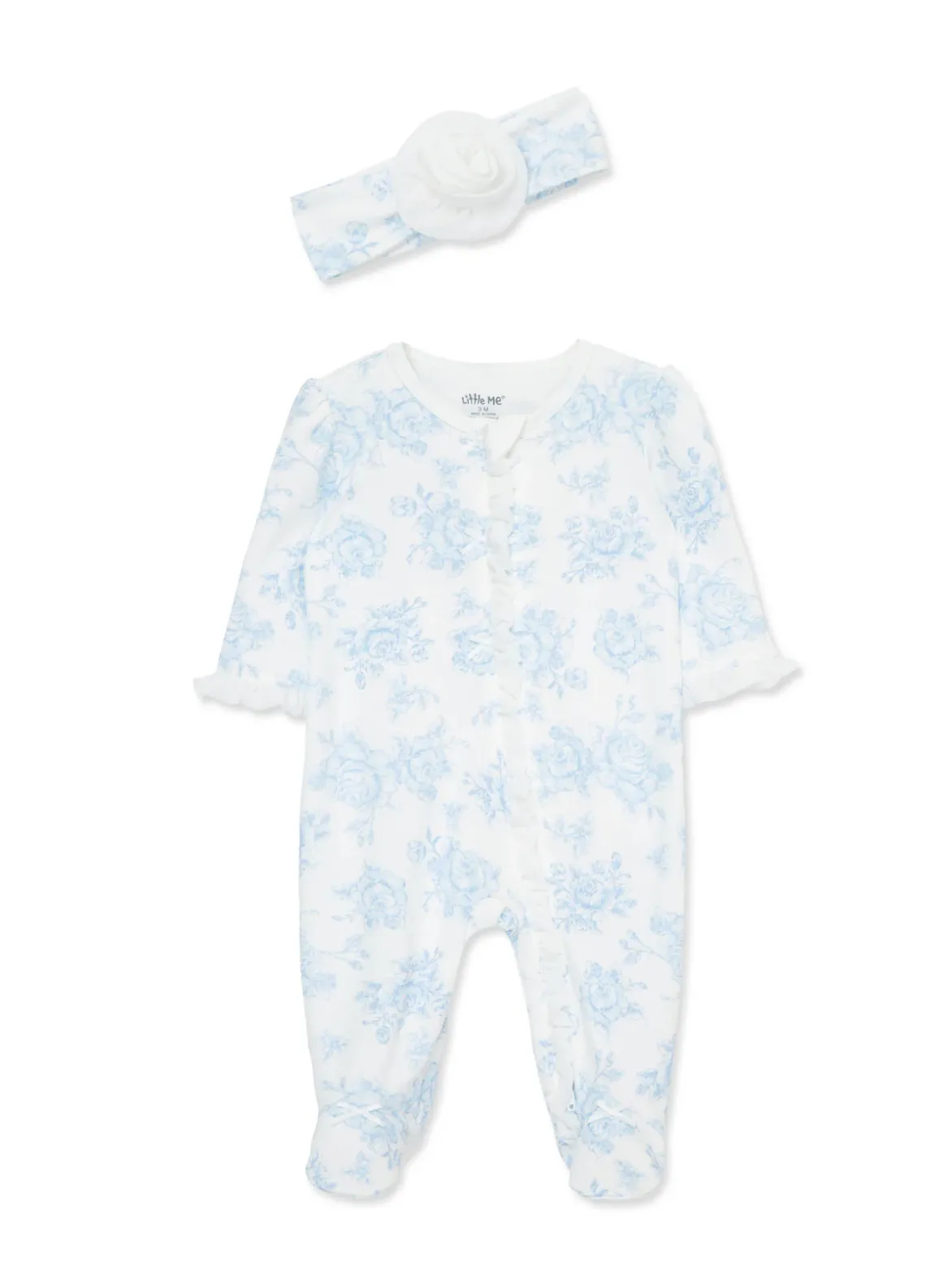 Blue Roses 2-Way-Zip Footed One-Piece And Headband