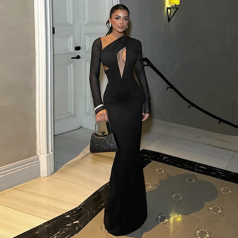 Bold Solid Color Hollow Slash-Shoulder Long Sleeve Bodycon Dress