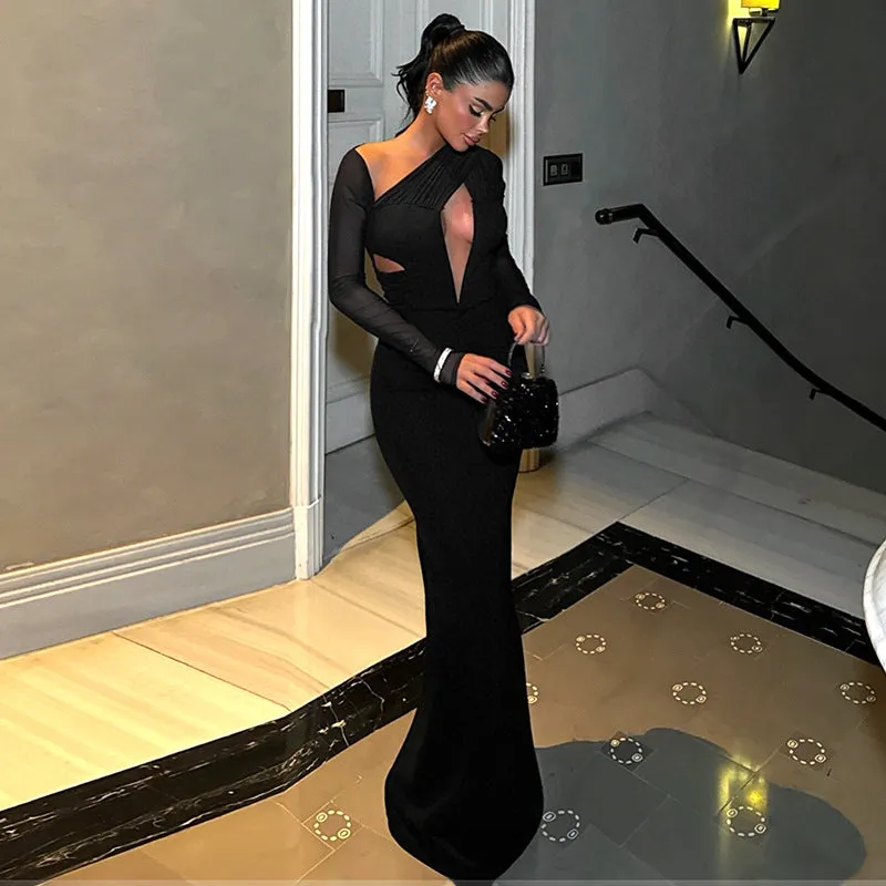 Bold Solid Color Hollow Slash-Shoulder Long Sleeve Bodycon Dress