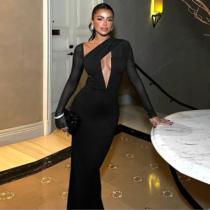 Bold Solid Color Hollow Slash-Shoulder Long Sleeve Bodycon Dress