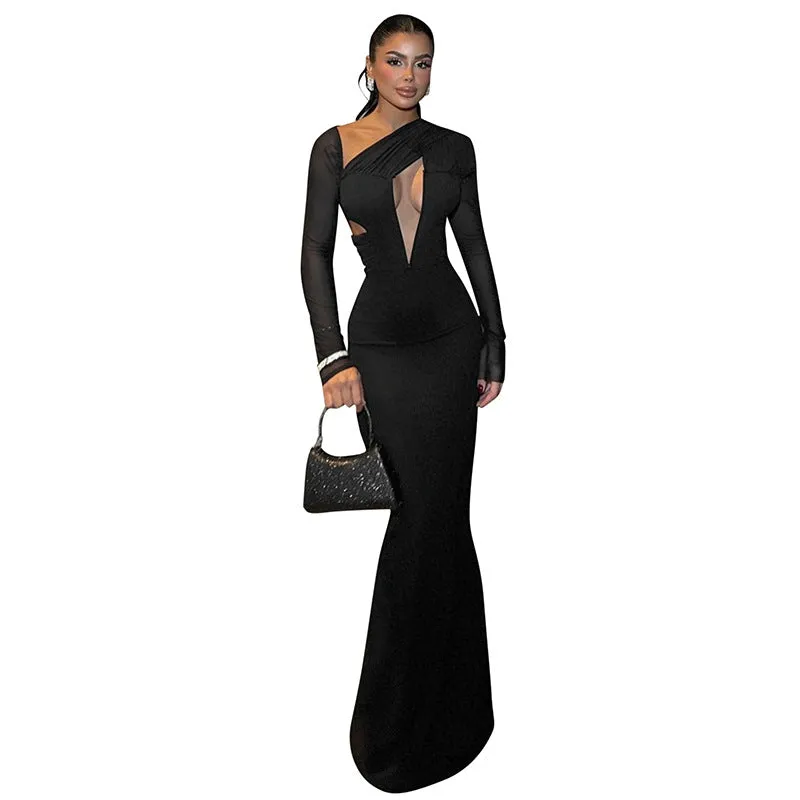 Bold Solid Color Hollow Slash-Shoulder Long Sleeve Bodycon Dress