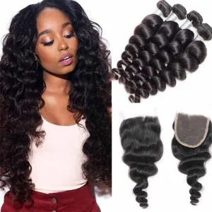 Brazilian Loose Wave 4 Bundles With 4×4 Lace Closure 10A Grade 100% Human Remy Hair MYLOCKME