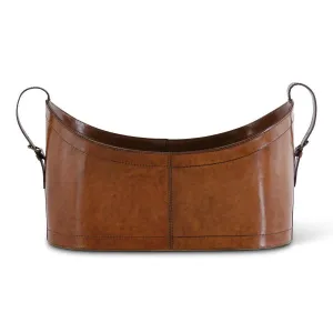 Brown Leather Oval Basket w/Adjustable Handles - 17.74"