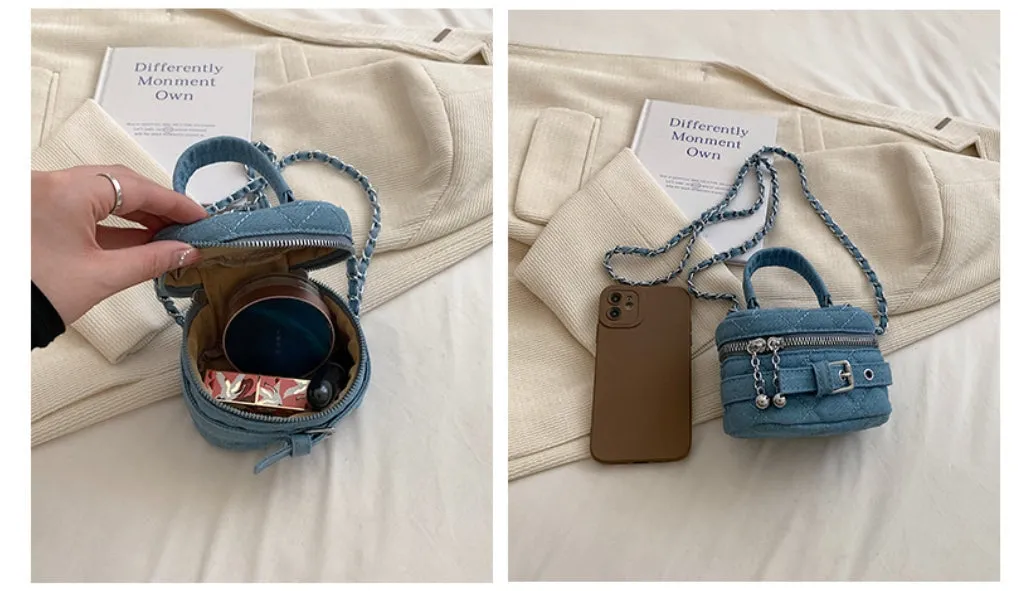 Bucket Bag Mini Shoulder Bag for Women Early Autumn New Mini Lipstick Accessory Bag Crossbody Bag Denim Chain Bag C-240529-10