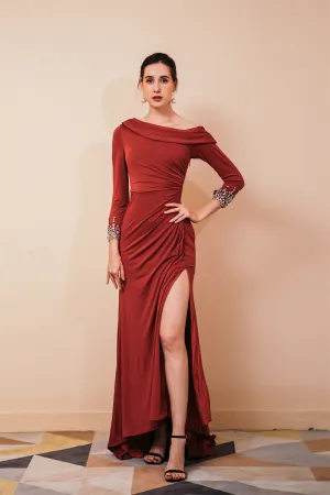 Burgundy Long sleeves Jersey Unique neckline Evening Dress