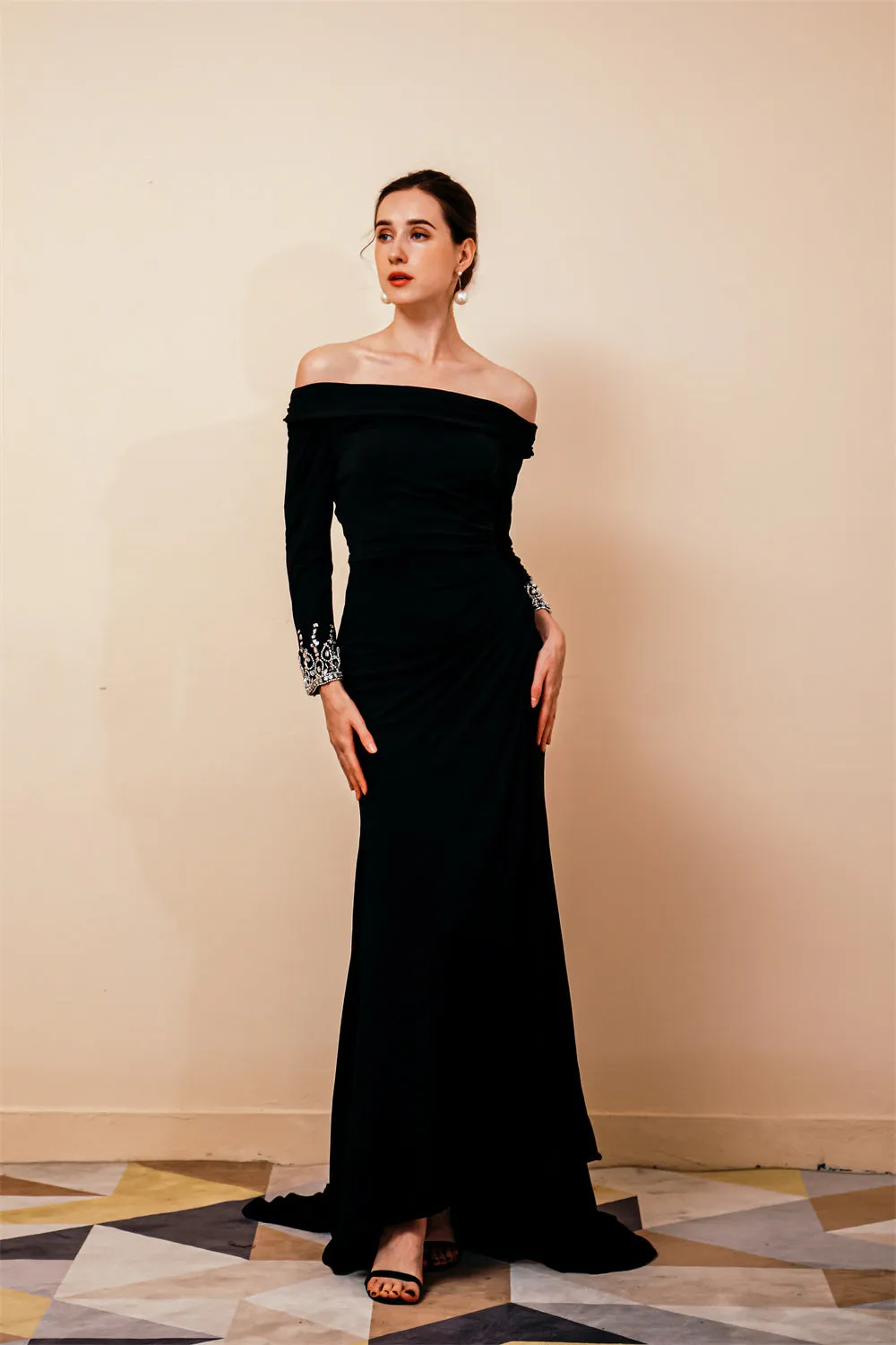 Burgundy Long sleeves Jersey Unique neckline Evening Dress