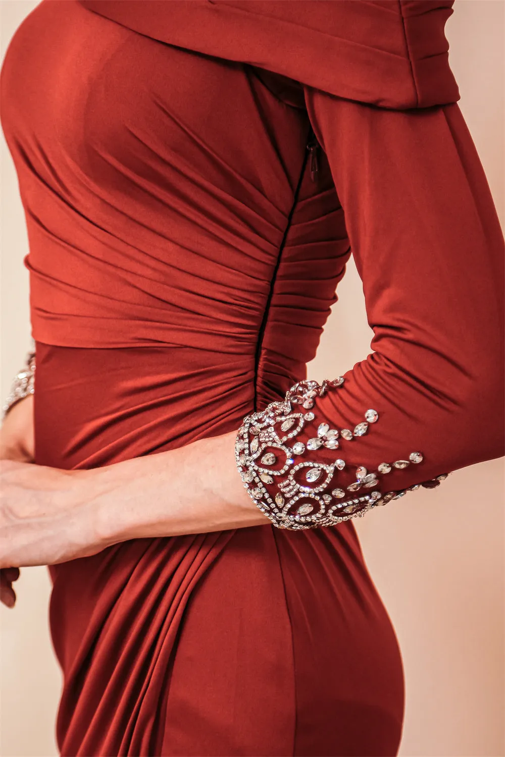 Burgundy Long sleeves Jersey Unique neckline Evening Dress