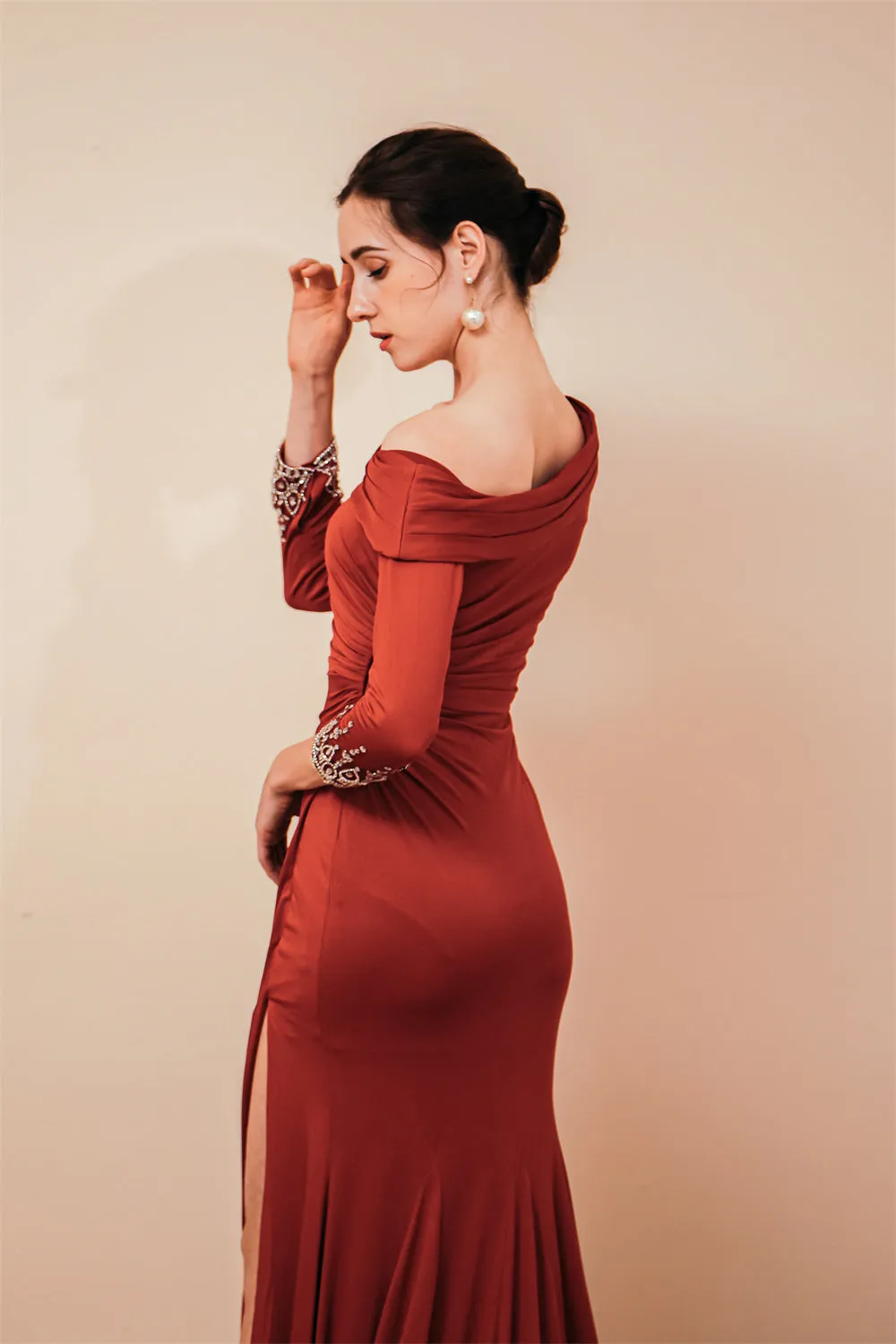 Burgundy Long sleeves Jersey Unique neckline Evening Dress