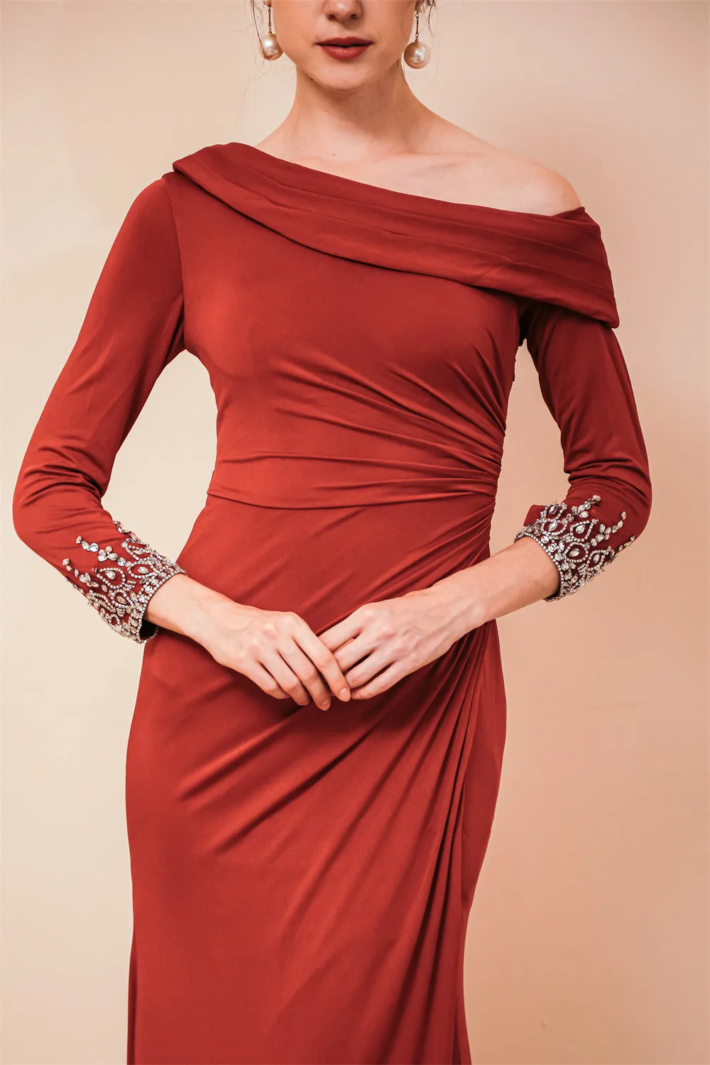 Burgundy Long sleeves Jersey Unique neckline Evening Dress