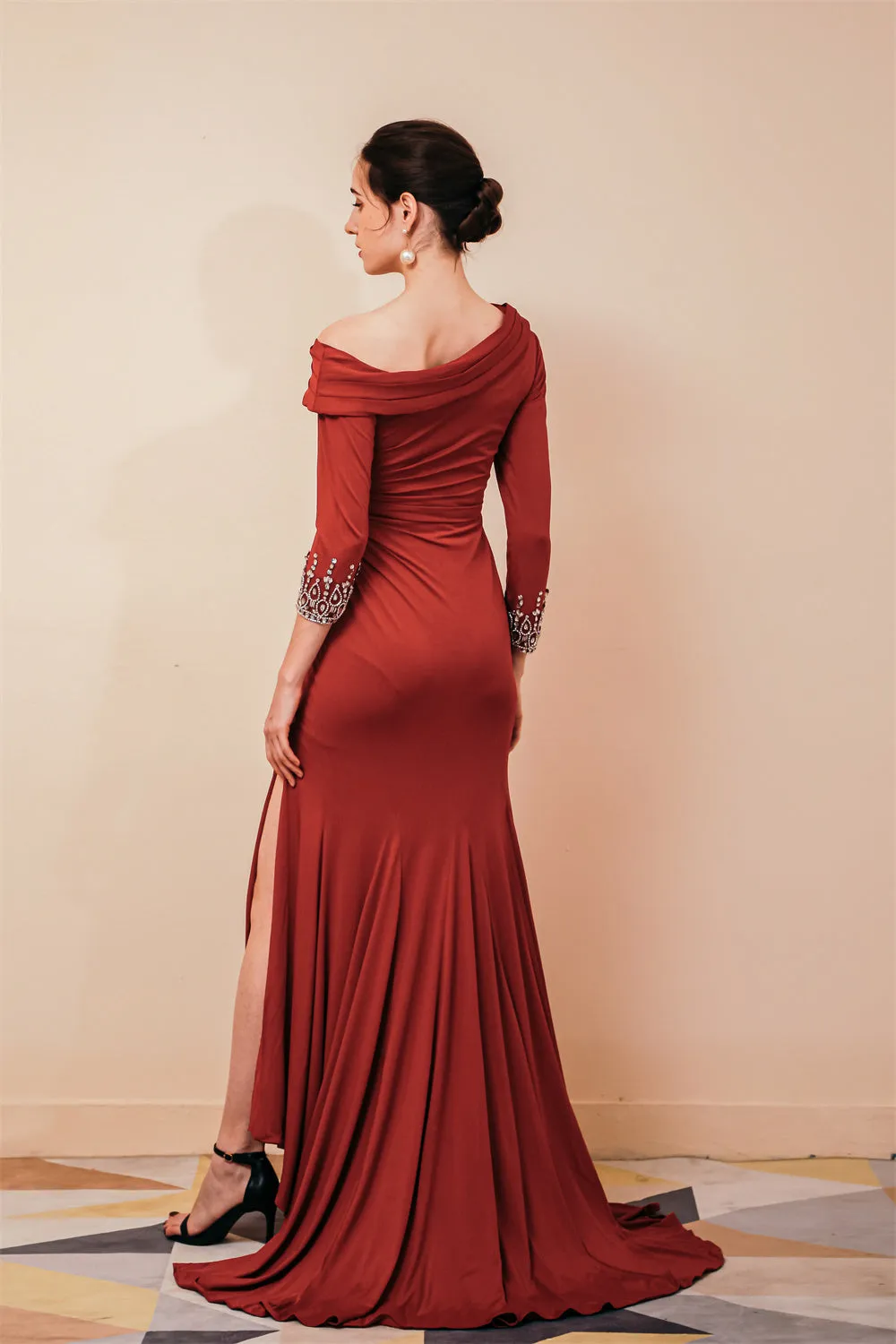 Burgundy Long sleeves Jersey Unique neckline Evening Dress